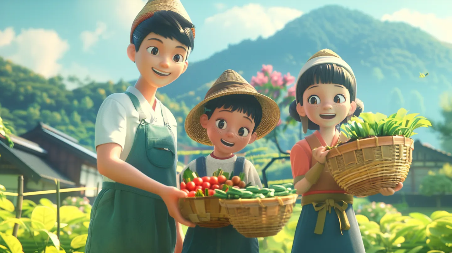 収穫した野菜のかごを手に笑顔で並ぶ家族のイラスト